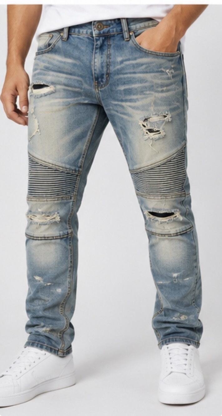 Crysp Denim Men’s 38 Light Wash Distressed Biker Moto Skinny Jeans